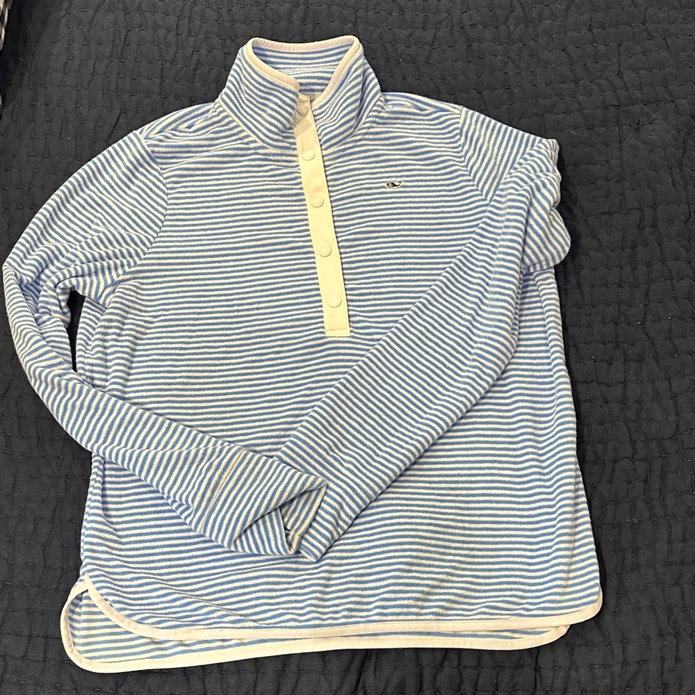 Vineyard Vines Blue and White Striped terry cloth sweatshirt with Button Placket